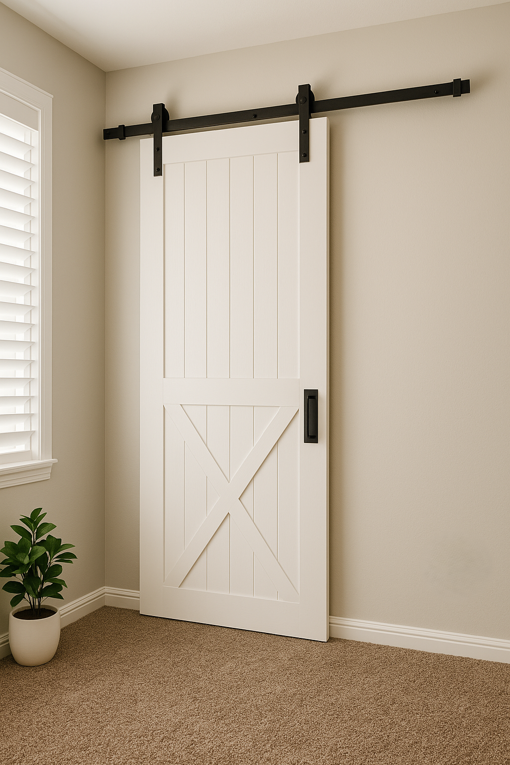 White barn door with black track on beige wall, next to window with white shutters, beige carpet, and potted green plant.