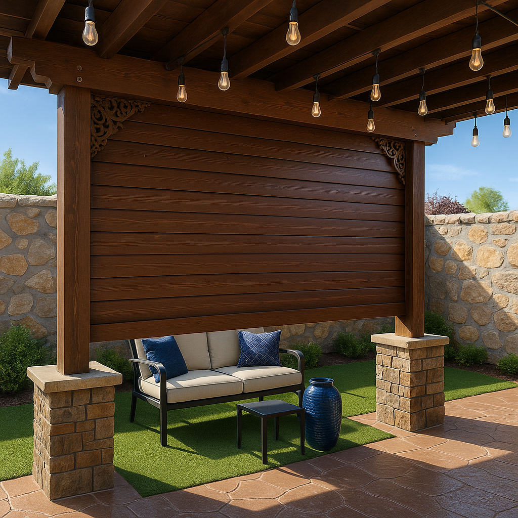 An outdoor patio area with a wooden pergola, string lights hanging from the ceiling, a stone wall, a cushioned bench with pillows, a small table, and a blue ceramic vase on the artificial grass.