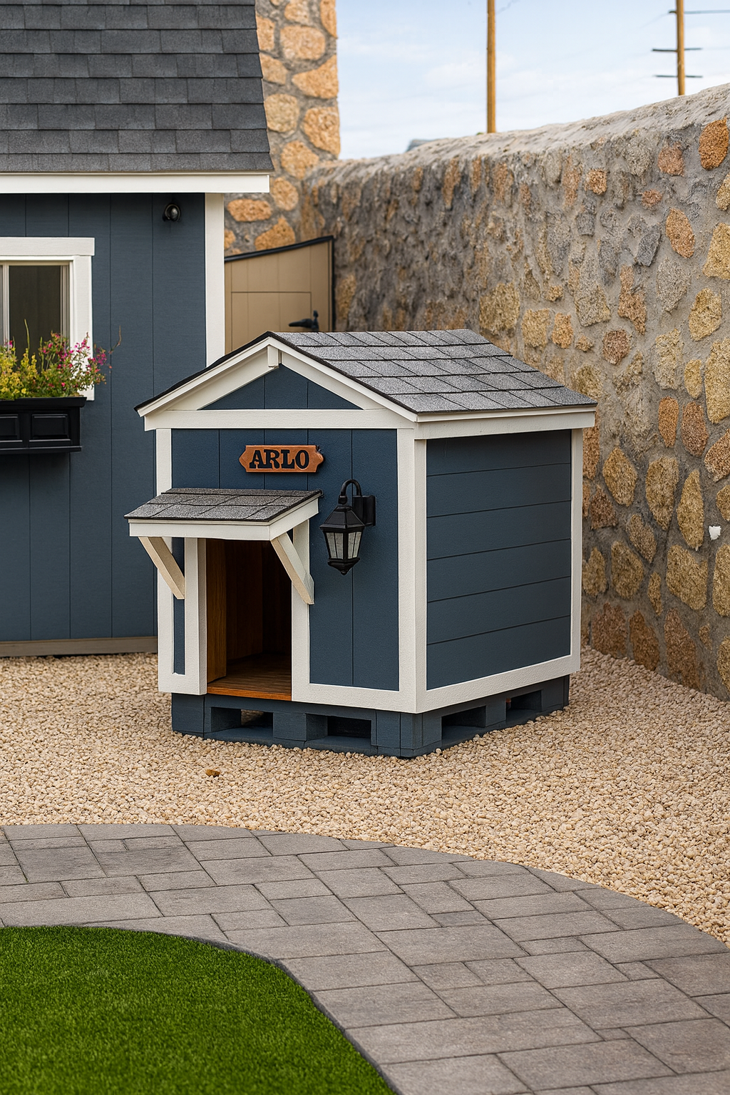 A small, decorated dog house named 'ARLO' situated in a backyard with gravel, a pathway, and a stone wall in the background.
