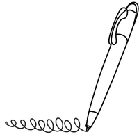 single line drawing of a pen with a loopy line coming out at the tip as writing