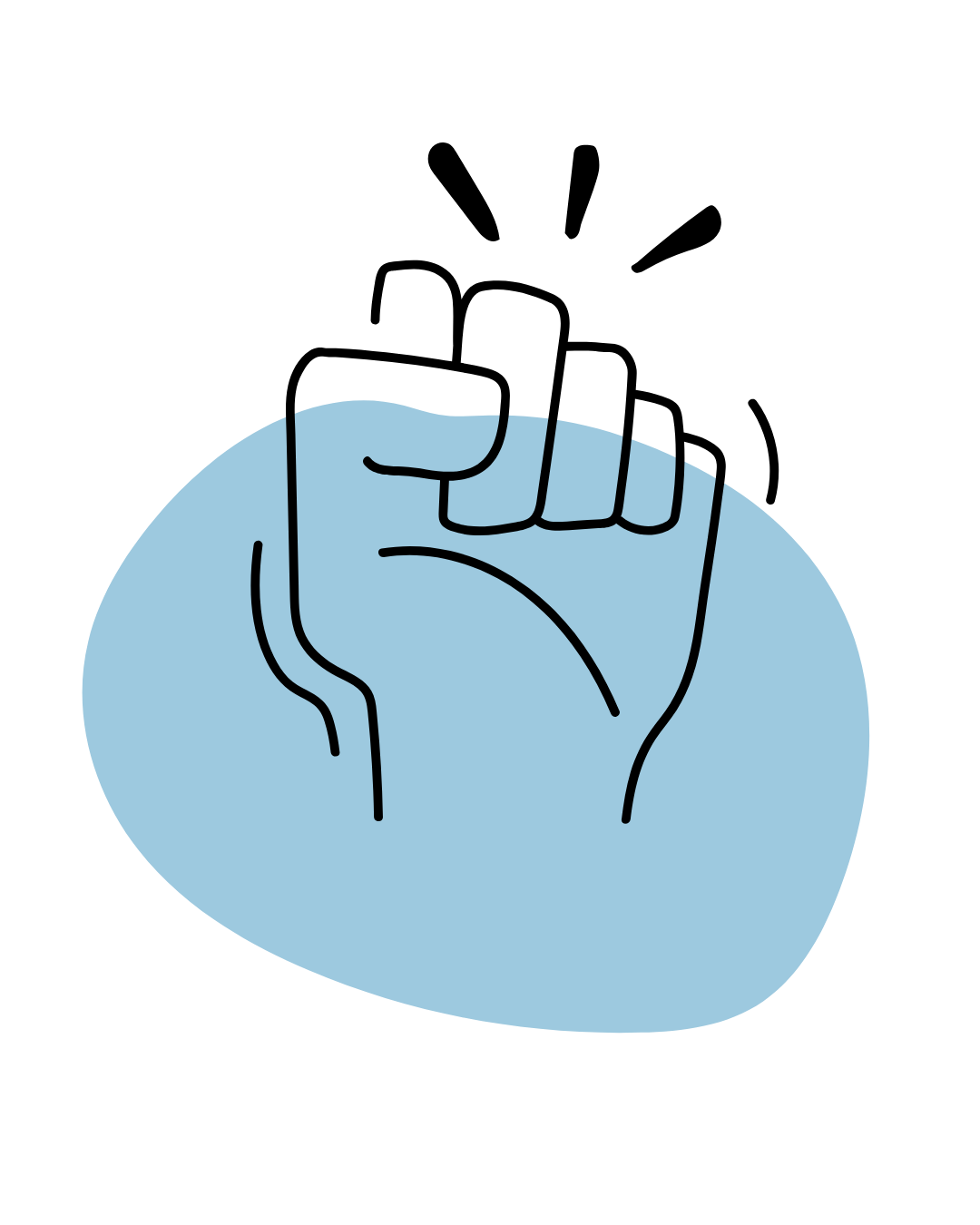illustration with an outline of a raised fist over a greyish blue blob shape