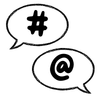 two speech bubbles, one coming from the left with a # symbol in it and one coming from the right with a @ symbol