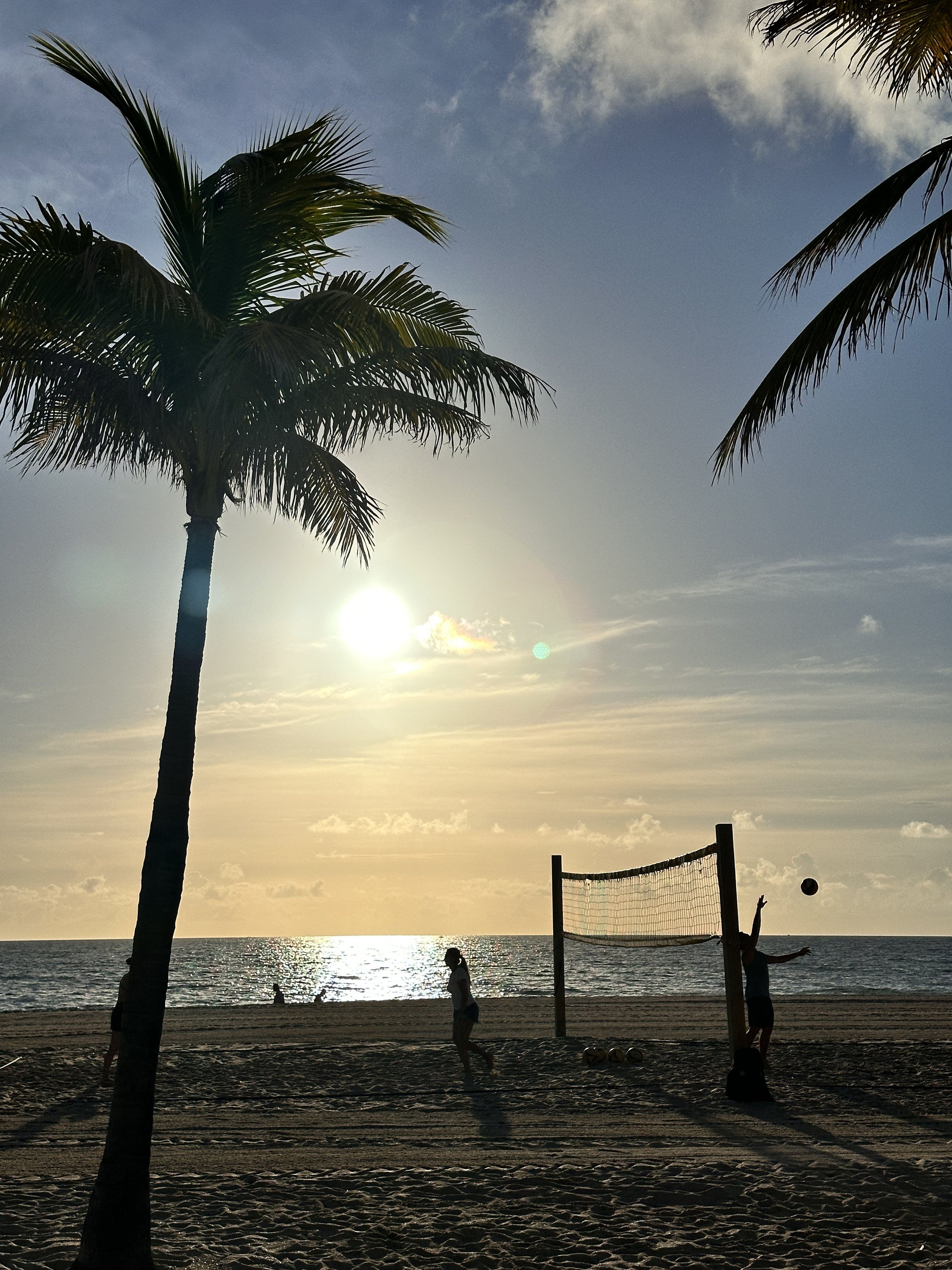 People playing volleyball on a beach at sunset, with palm trees and the ocean in the background.
