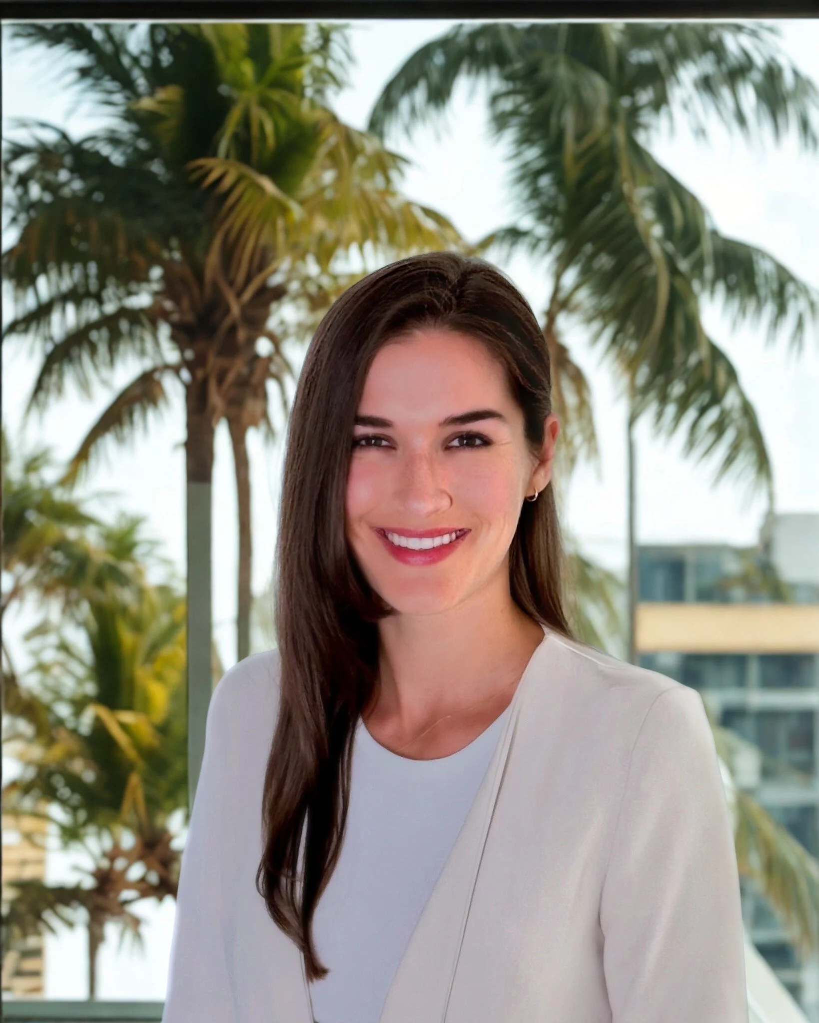 A woman with long dark hair smiling, wearing a white blazer and top, with palm trees and a cityscape in the background.