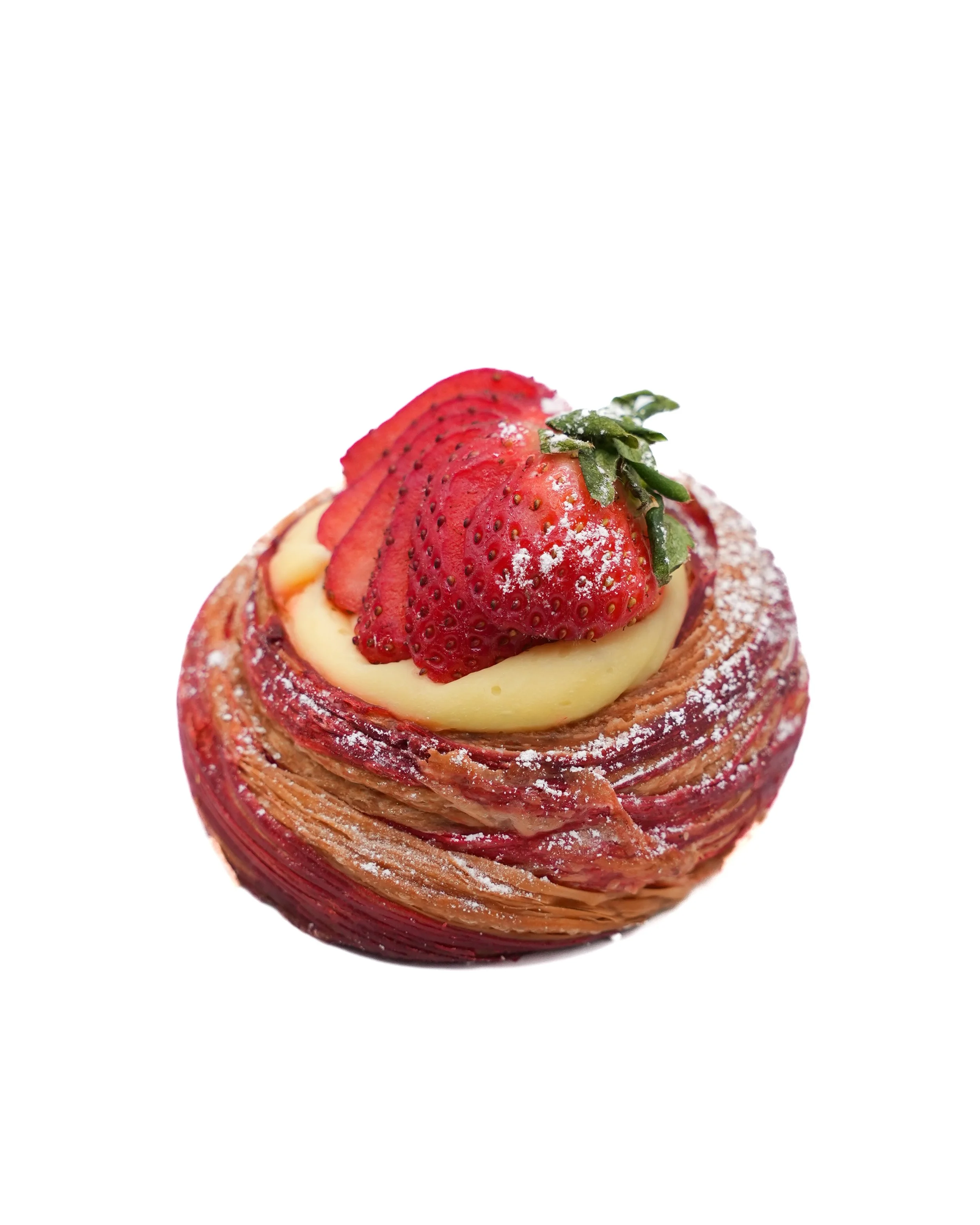 Strawberry Cruffin Honey Cup Coffeehouse Delicate, spiraled dough packed with ripe fruit and velvety cream for a perfectly bright, uplifting bite