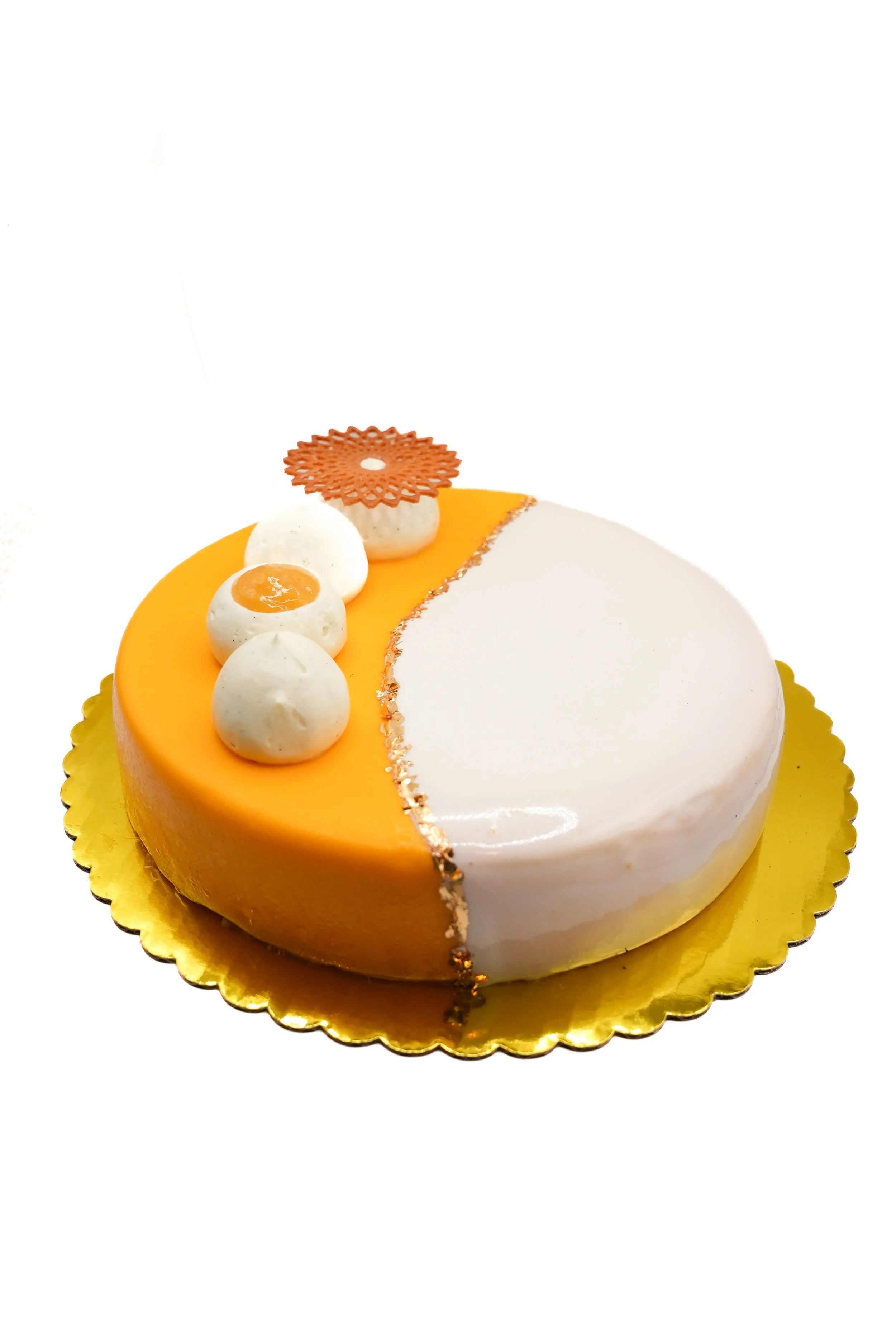 The Amada Tangy mousse made from fresh passionfruit, with a chocolate finish and almond dacquoise