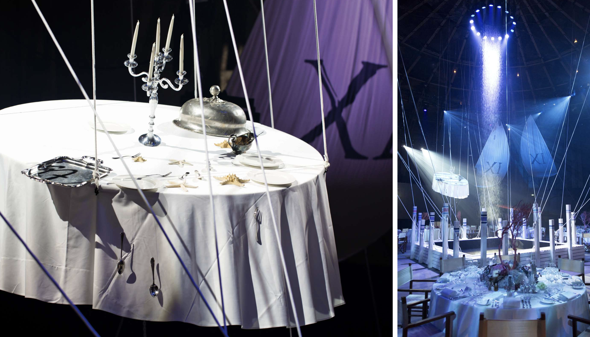 A decorated table set for a formal event with white tablecloth, silver cutlery, plates, and centerpieces, with an elaborate ceiling setup including blue lighting and hanging decorations.