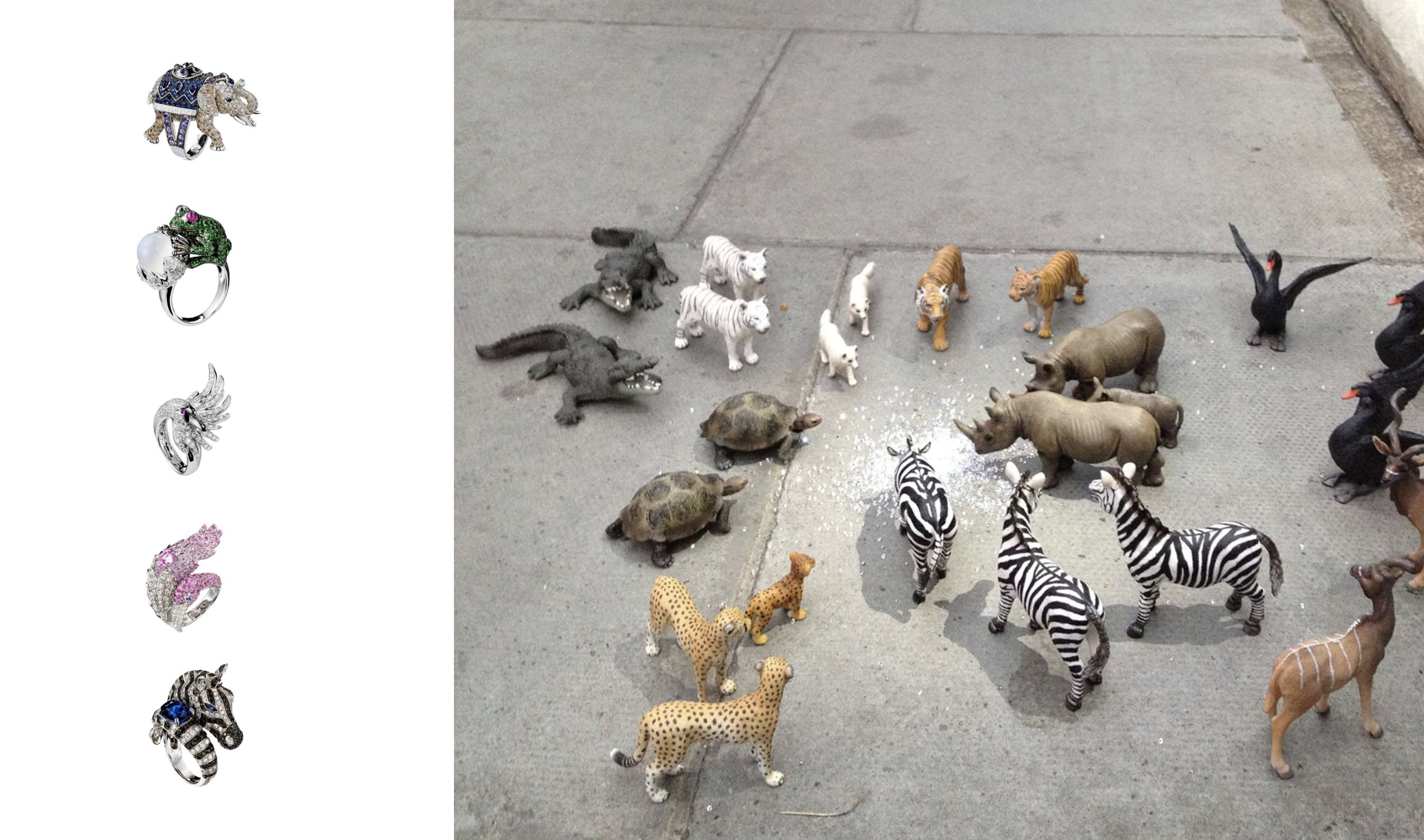 Collection of toy animals including zebras, hippos, rhinos, cheetahs, and tortoises arranged on a concrete sidewalk.