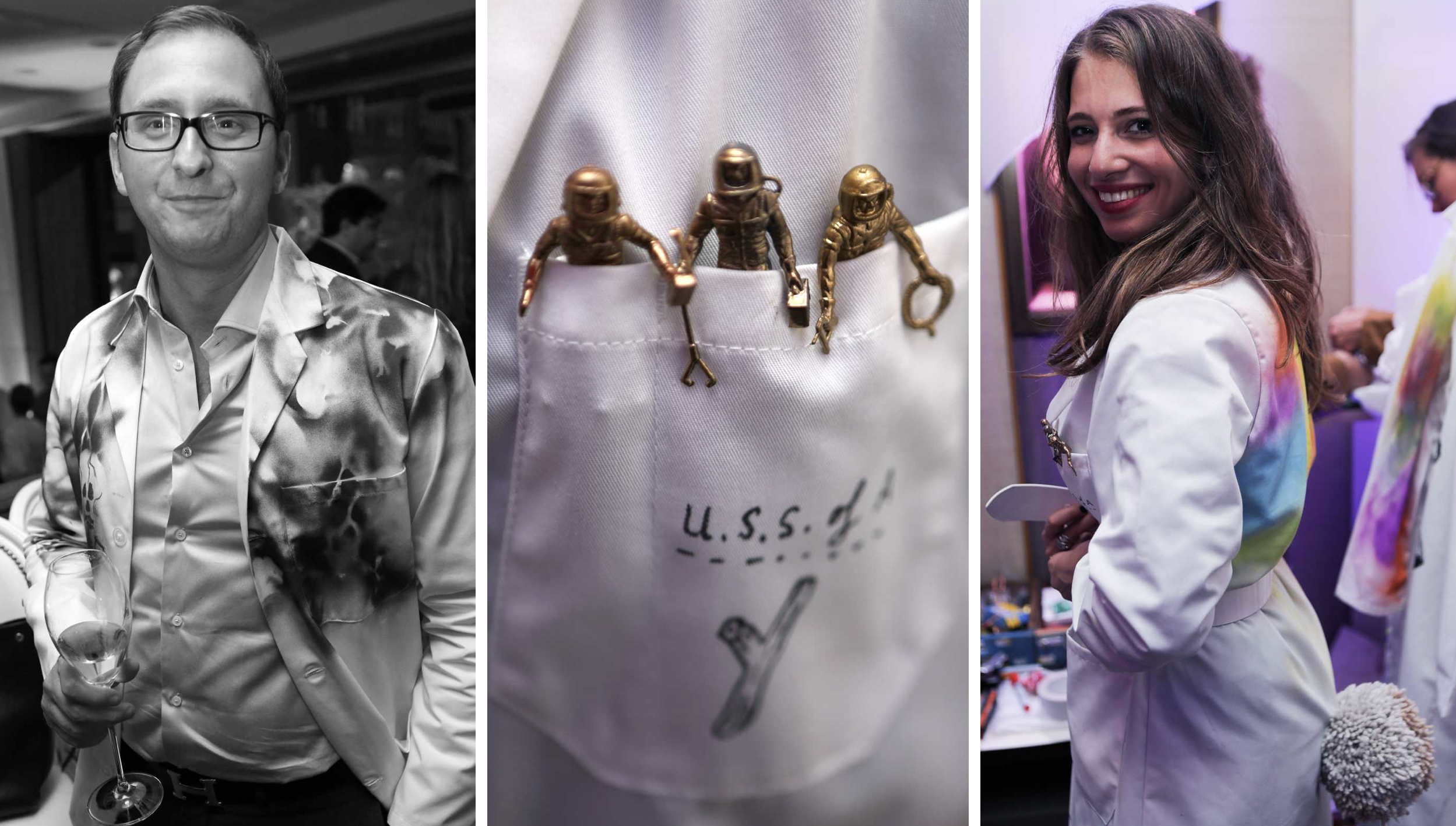Collage of three images: a man in a shiny shirt holding a wine glass, close-up of a pocket with small gold astronaut charms attached, smiling woman in a white jacket with a colorful tie-dye pattern at an event.