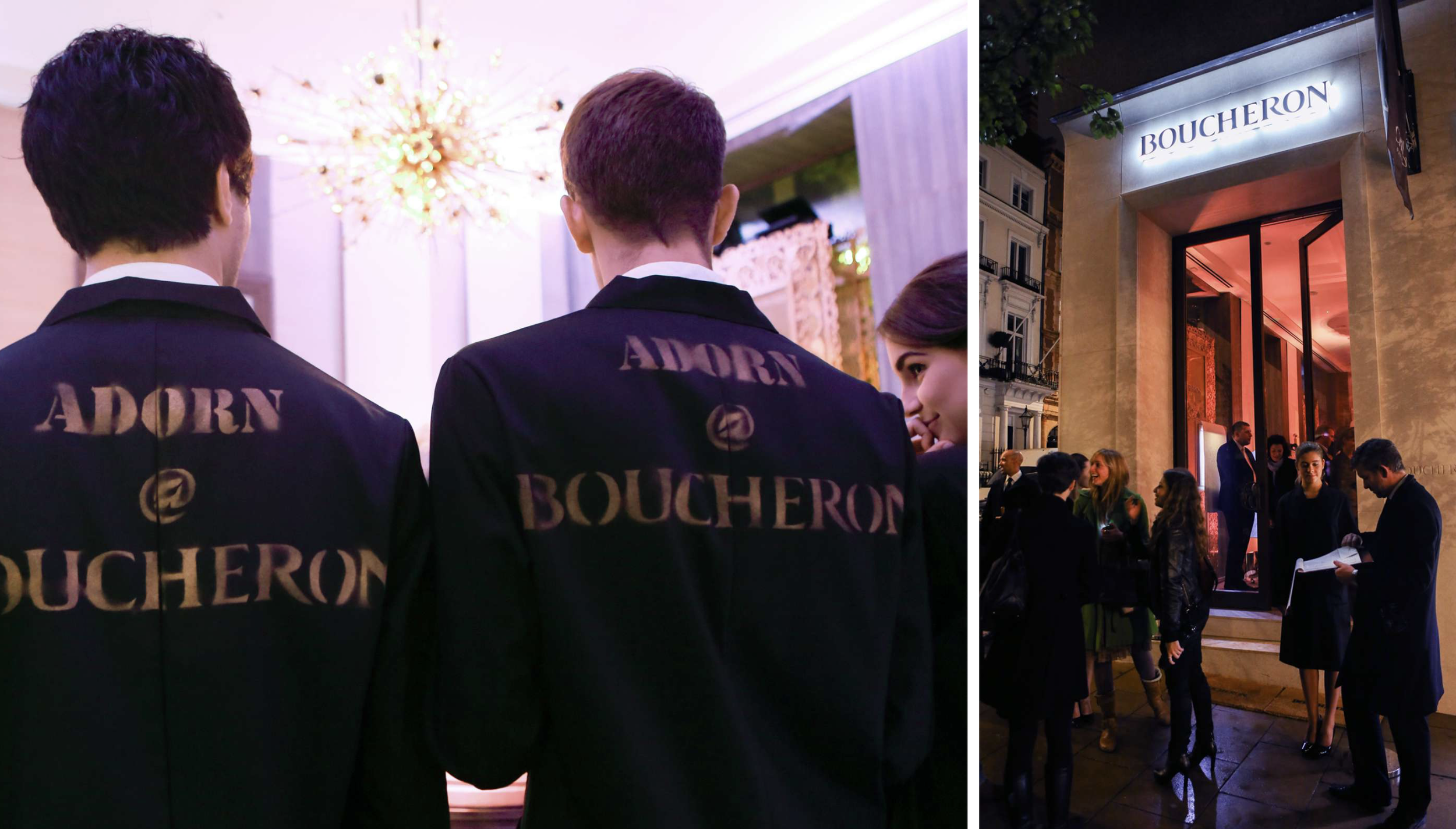 People attending an event outside a Boucheron store, with some individuals dressed in black coats with 'Adorn Boucheron' written on the back, while others are gathered outside the store entrance at night.