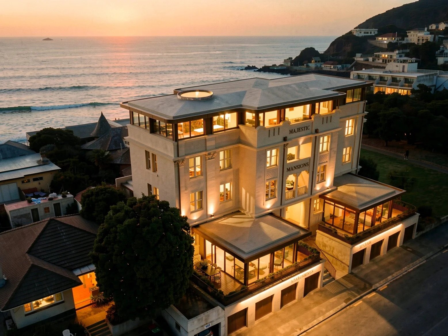 An elegant multi-story building labeled 'Majestic Mansions' illuminated at dusk, with large windows and a rooftop terrace overlooking the ocean, nearby houses, and a hillside.