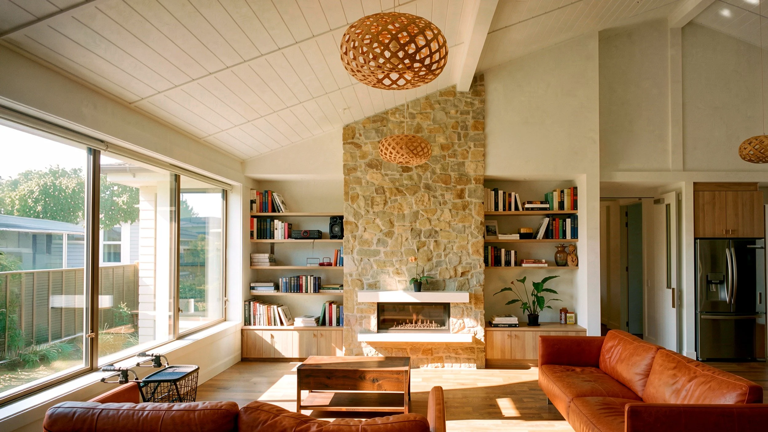 Modern living room with large windows, a stone fireplace, wooden shelves with books, and leather furniture.