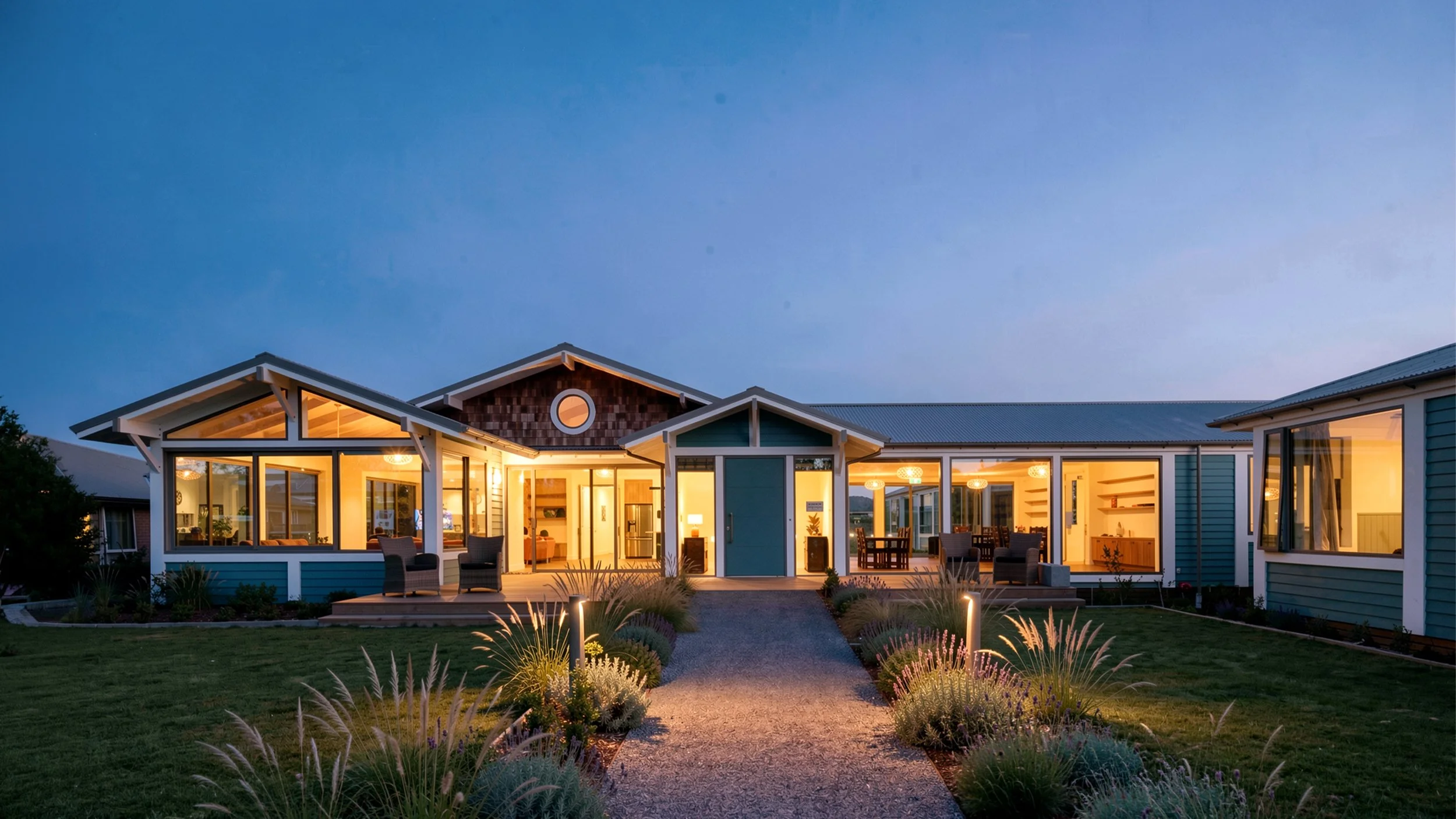 Modern house illuminated at dusk with large windows, a patio, and landscaped yard with pathway and plants.