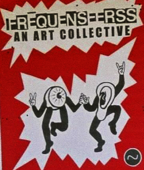 Poster featuring two anthropomorphic characters dancing. One has a clock for a head, and the other has a human face with an ear. Both are making peace signs with their hands. Background is red with jagged black and white text that reads 'FREQUENS-ESS AN ART COLLECTIVE'.