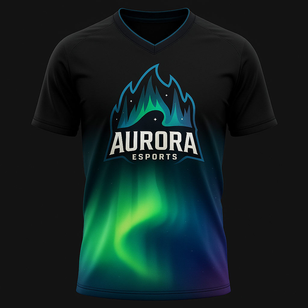 Black esports jersey with a graphic of the Northern Lights and a stylized mountain with the text 'Aurora Esports' on the front.