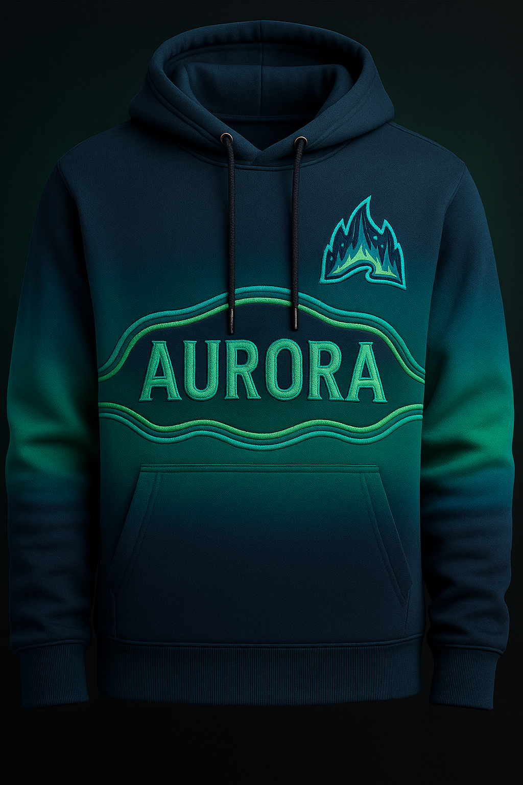 Blue hoodie with the word 'AURORA' embroidered on the front and a mountain-shaped logo above it.