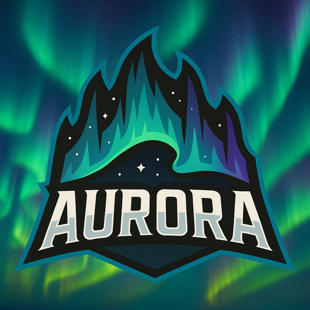 Graphic logo with mountain and aurora borealis background, the word 'AURORA' in bold text.