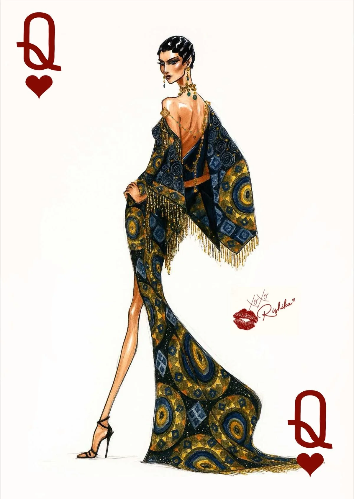 A stylized illustration of a woman dressed as the Queen of Hearts from a deck of playing cards, wearing an elaborate black and gold dress with Jewelery, standing with one leg exposing her thigh, with the Queen of Hearts symbols in the corners and a signature with a kiss mark on the side.