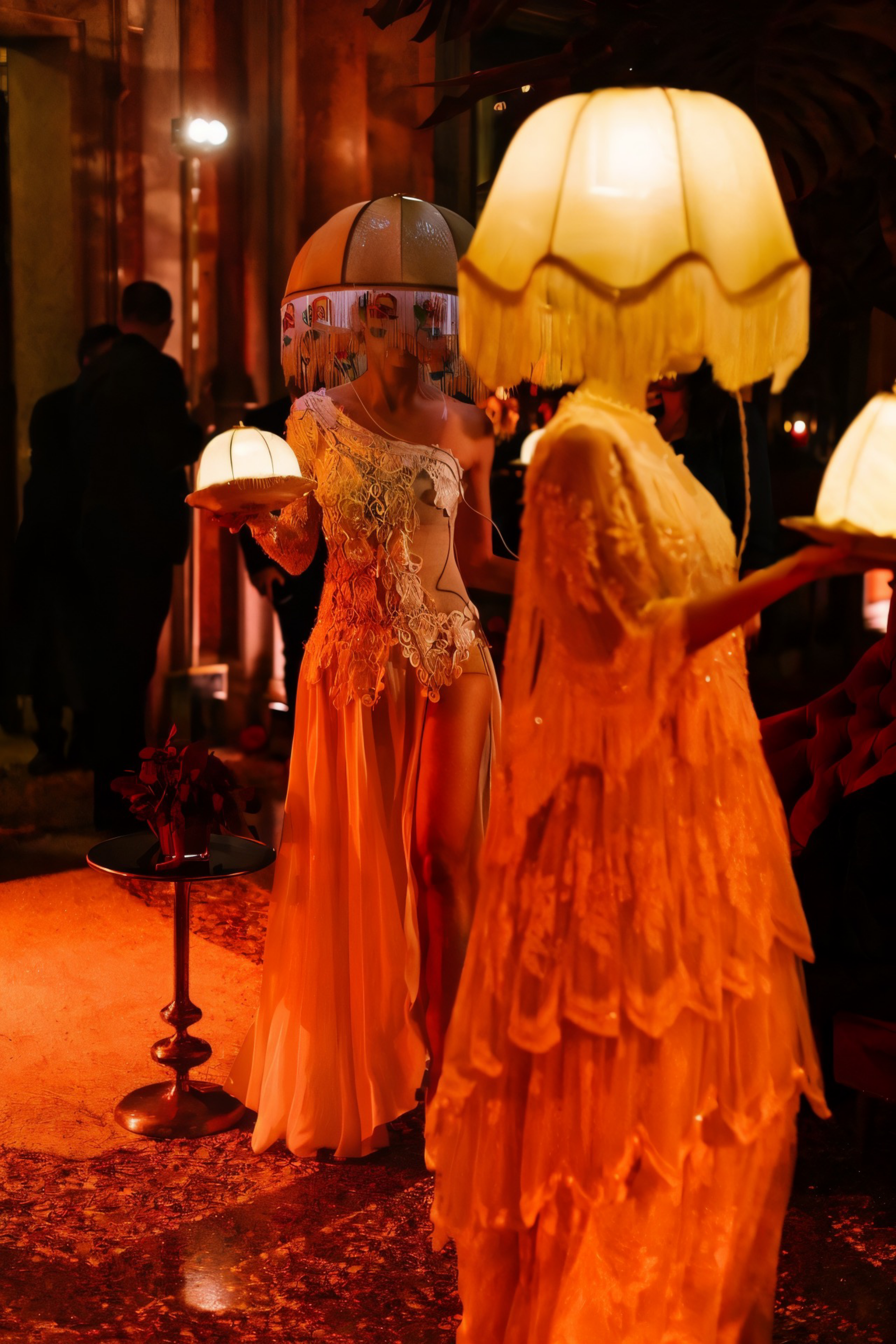 Two women in fashionable, ornate dresses with lampshade hats in a dimly lit, warm-toned setting, likely a lounge or nighttime venue.