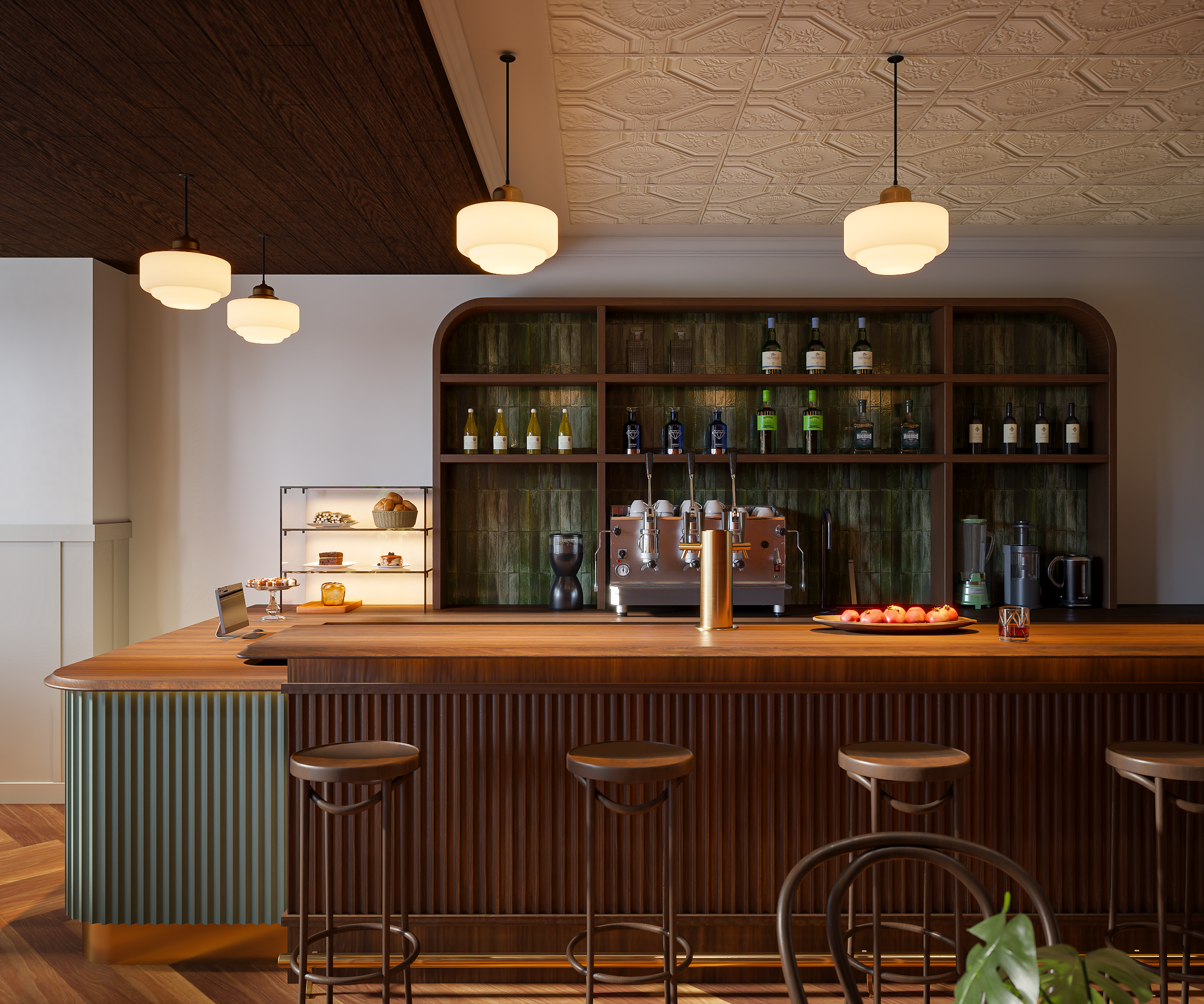 A modern kitchen bar area with a wooden countertop, three stools, and a shelf of liquor bottles behind it. The ceiling has ornate tiles and hanging pendant lights.