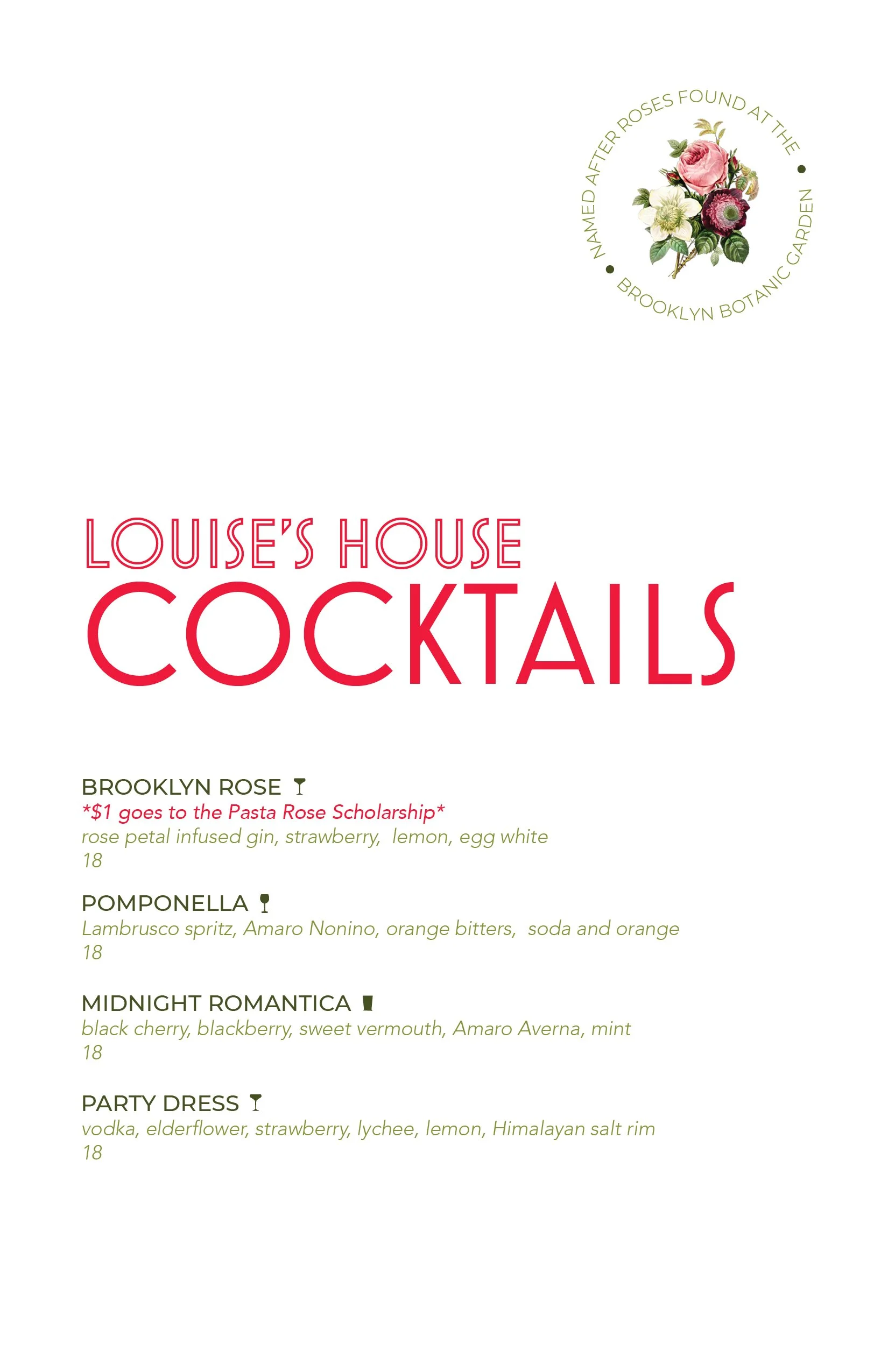 A menu from Louise's House featuring various cocktail options like Brooklyn Rose, Pomponella, Midnight Romantica, and Party Dress with descriptions of ingredients and prices.