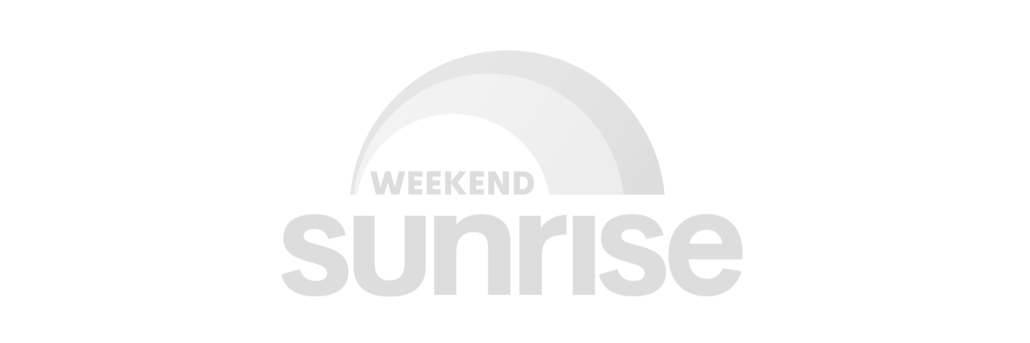 Graphic with a semi-circle representing a sunrise, the words "WEEKEND sunrise" written over it in bold, with "WEEKEND" in smaller font and "sunrise" in large font.