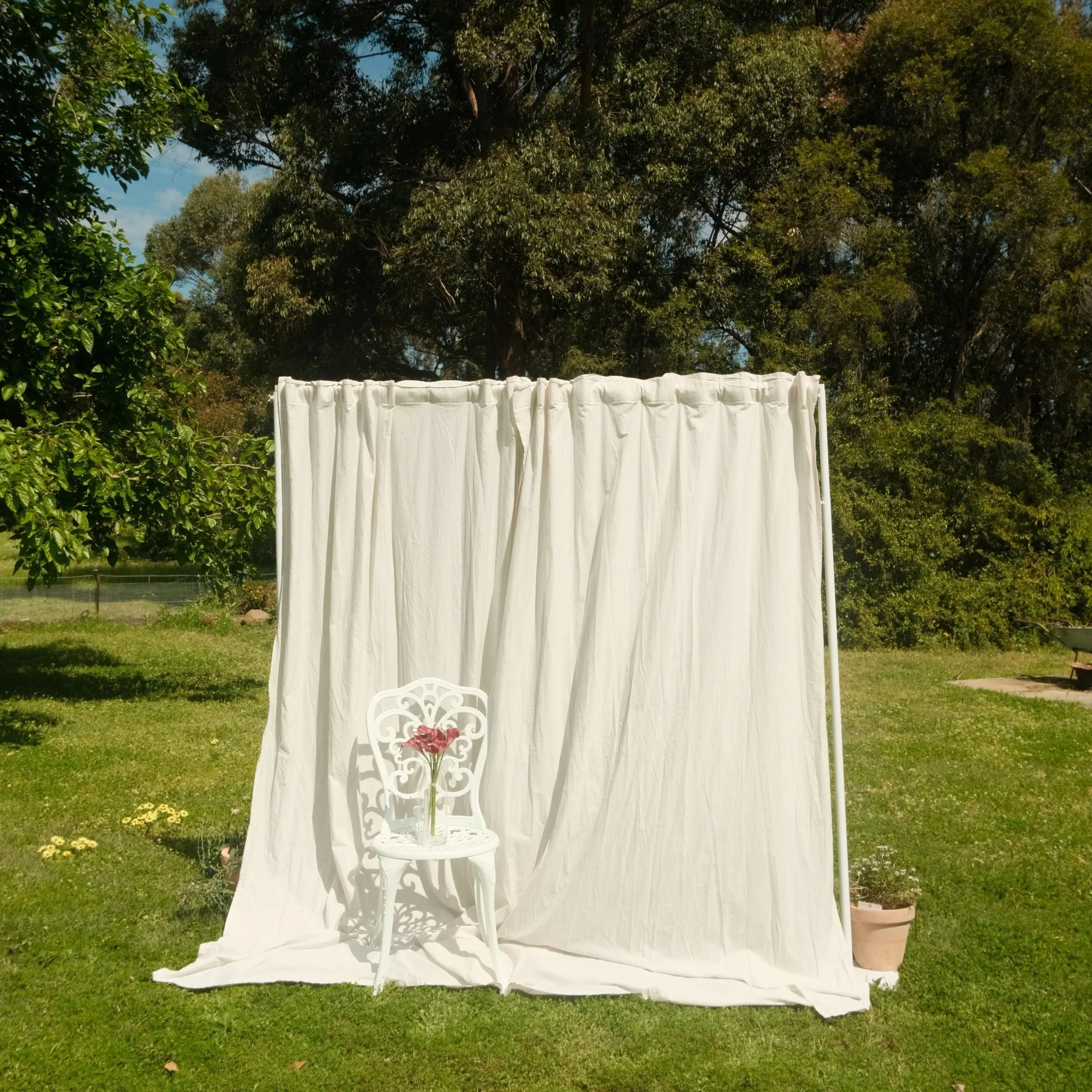 An outdoor wedding or event setup with a white fabric backdrop, a white ornate chair with a pink flower, a white potted plant on the ground, and green trees in the background.