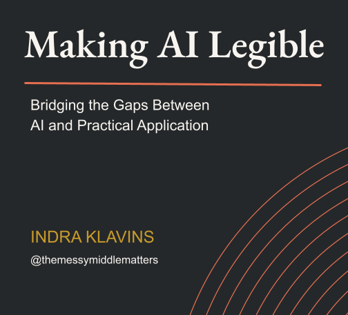 Title slide of a presentation titled 'Making AI Legible' with subtitles 'Bridging the Gaps Between AI and Practical Application' and the presenter’s name, Indra Klavins, with social media handle @themessymiddlematters.