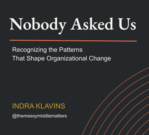 Book cover titled 'Nobody Asked Us' by Indra Klavings about recognizing organizational change patterns.