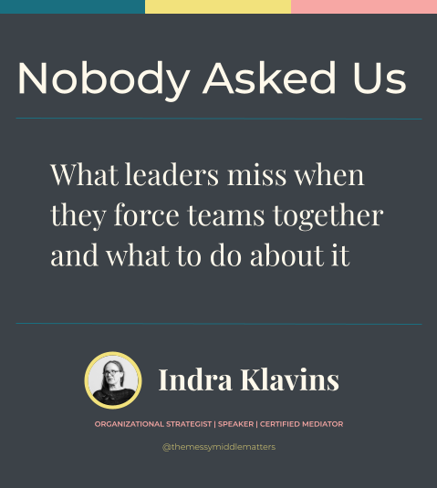 Book cover titled "Nobody Asked Us" by Indra Klavins, organizational strategist, speaker, and certified mediator.