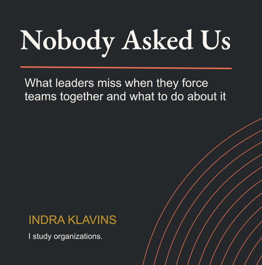 Cover page of a book or article titled 'Nobody Asked Us' with a subtitle about leadership and teams, authored by Indra Klavins, with a dark background and orange curved lines design.