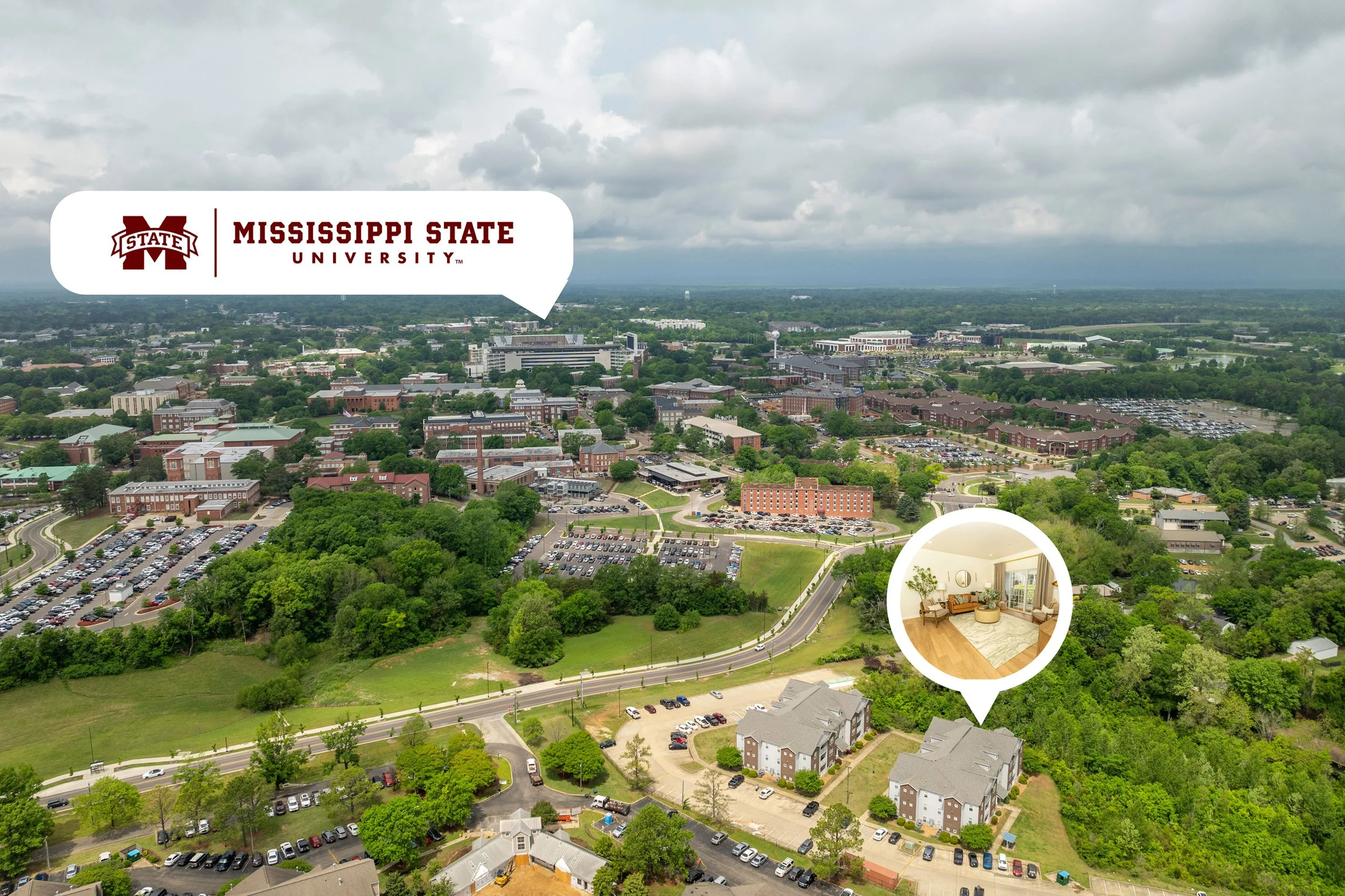 Aerial view of Mississippi State University's campus with a speech bubble pointing to the university sign and an inset showing a living room interior.