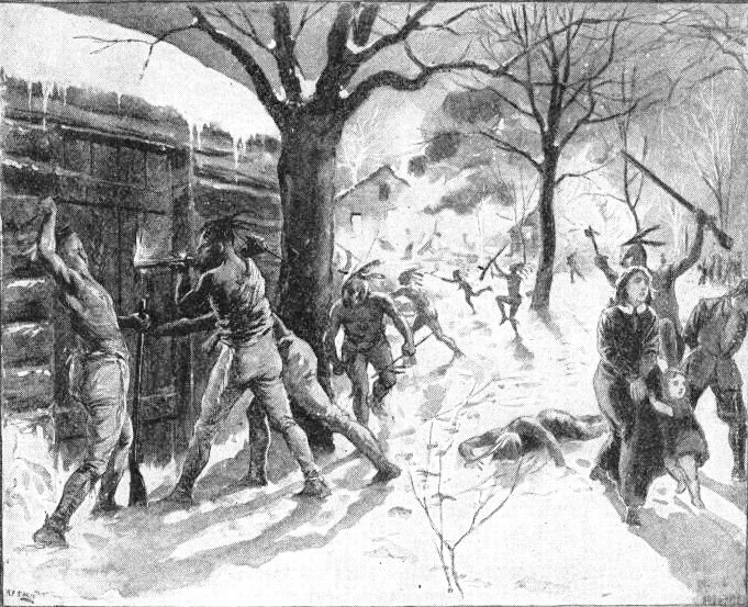 Black-and-white illustration of the 1704 raid on Deerfield showing attackers breaking down a house door while villagers flee or lie wounded in the snow.
