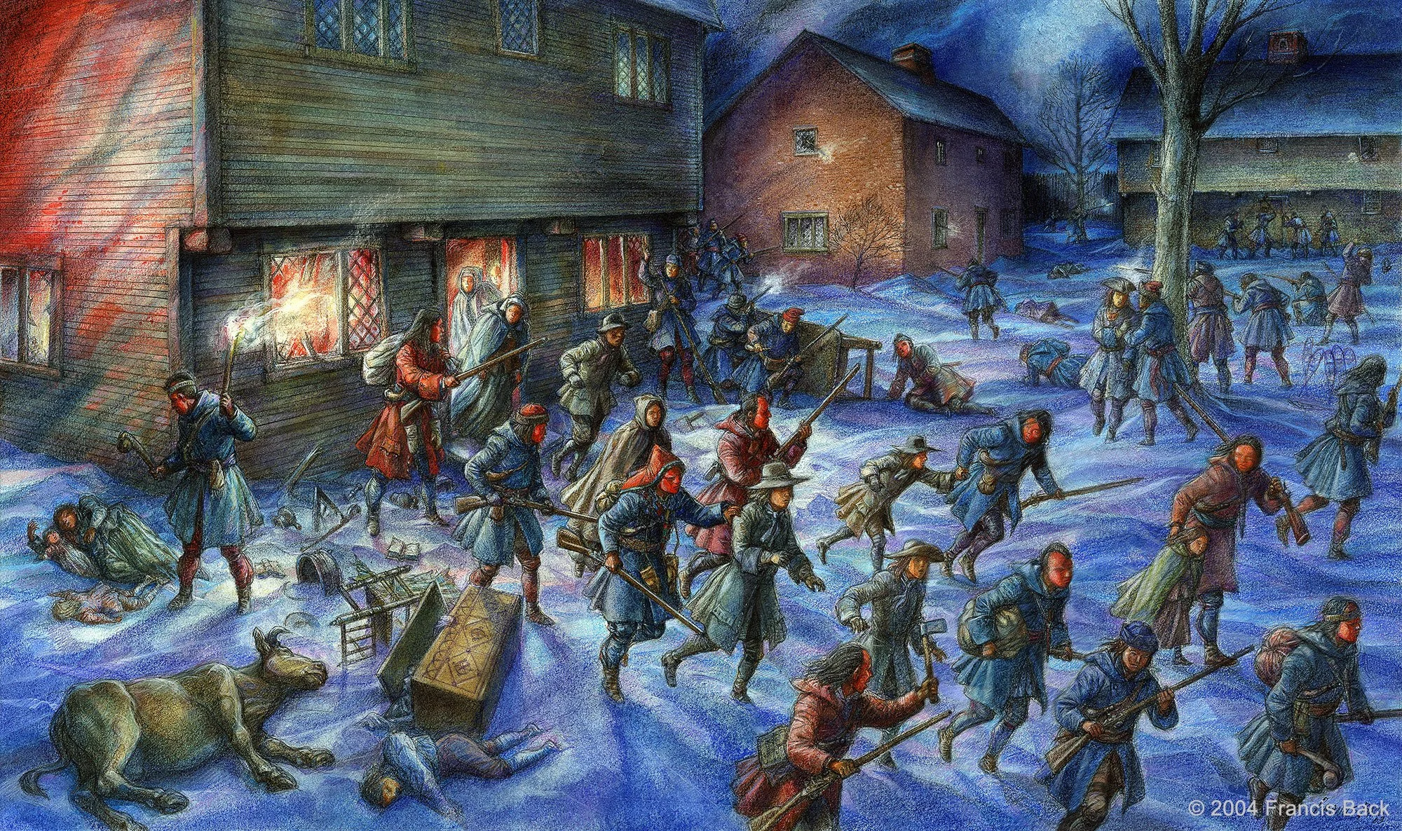 Illustration of the 1704 raid on Deerfield, Massachusetts, showing armed French and Native raiders moving through a snowy village at night while buildings burn and townspeople are captured or fleeing.