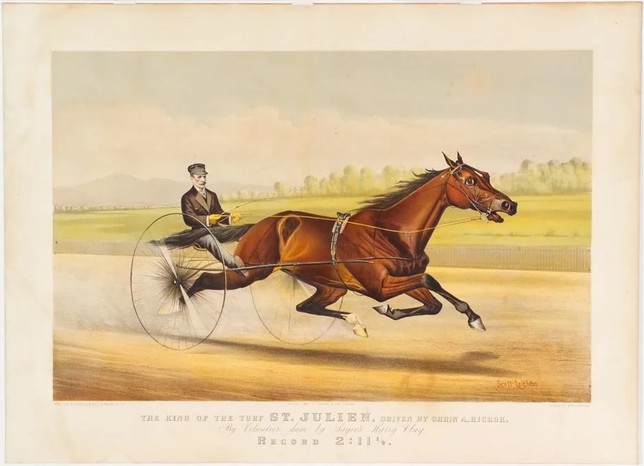 Hand-colored lithograph showing a bay trotting horse pulling a sulky at full speed on a dirt track, driven by a man in period racing attire. The horse’s legs are extended mid-stride, emphasizing motion and speed.