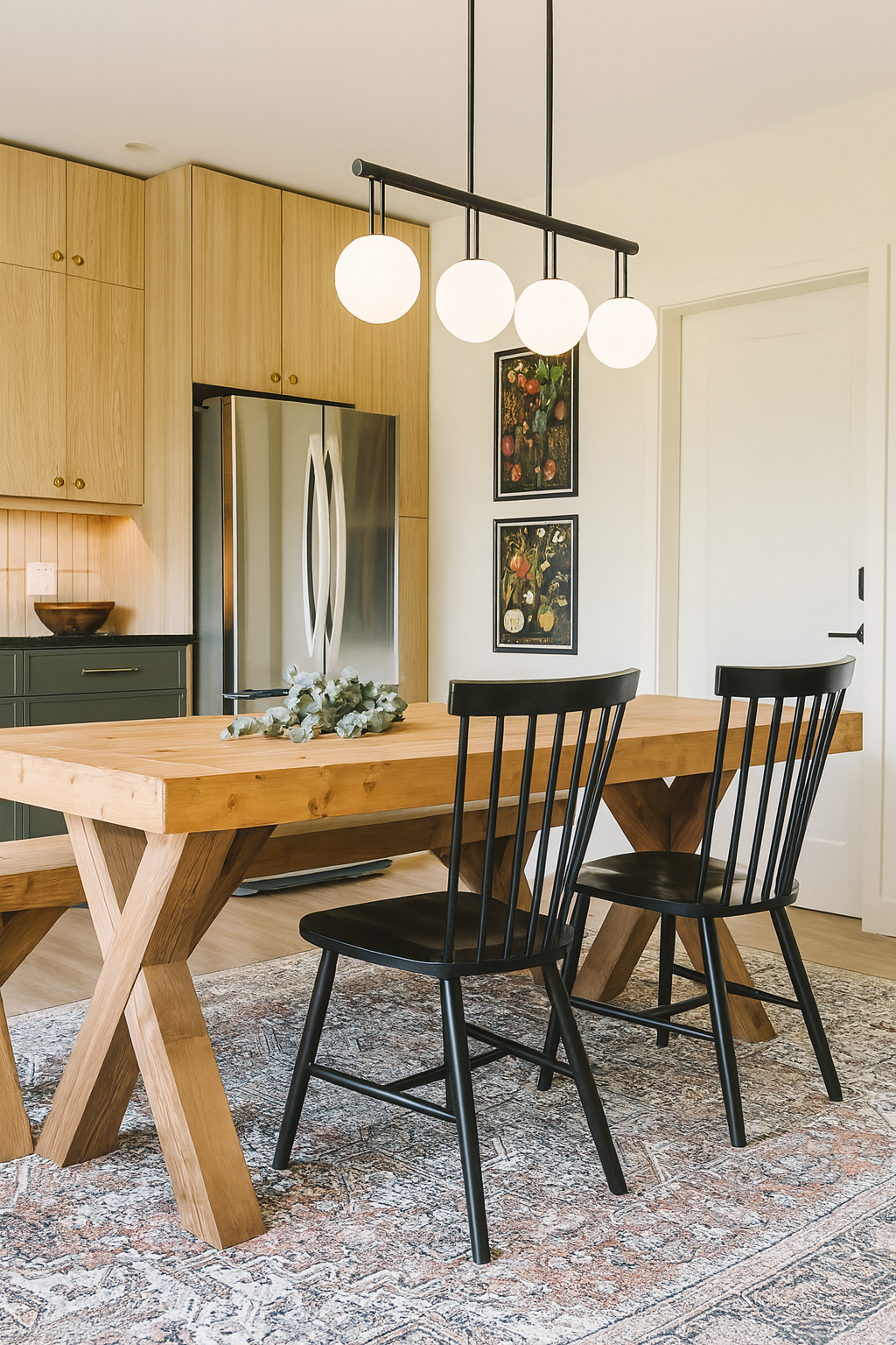 A new country kitchen with a large wooden dining table, black rail back chairs, light oak flat front cabinets with slim line shaker cabinets in forest green. Designed for an airBnB located in Mill Bay. Interior Design Services
