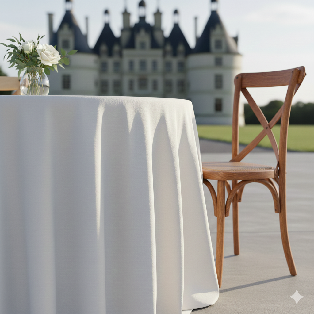 Mesa con mantel blanco y florero con flores blancas junto a una silla de madera, en el fondo un castillo.