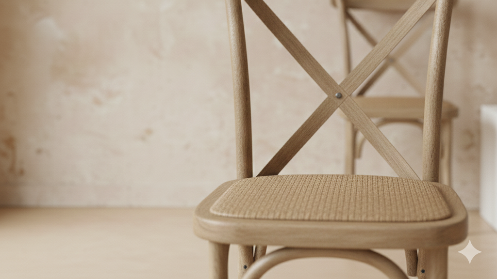 Silla de madera con cojín de asiento tapizado en tela beige, en un ambiente interior.