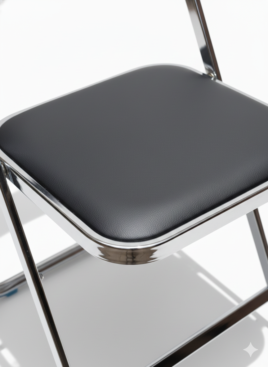 Silla moderna con asiento de madera y marco de metal.