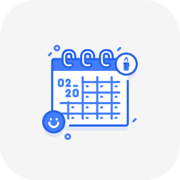 Icon of a calendar with a clock, a smiley face, and a notification symbol, all in blue.