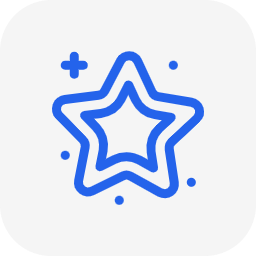 Stylized blue star with sparkles and dots around it, icon representing a star or magic.