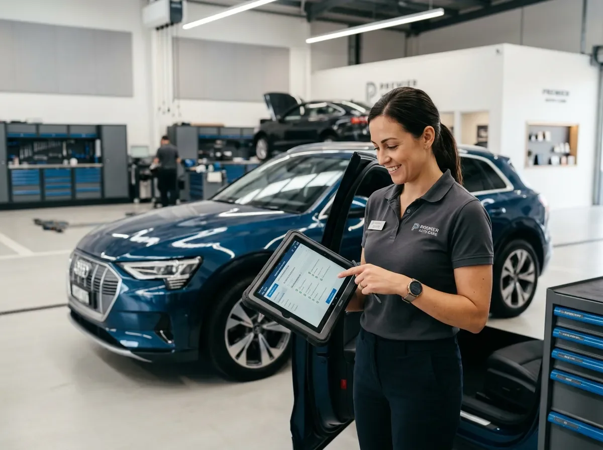 A woman in a gray polo shirt and black pants is smiling and using a tablet in a car repair shop. The shop has two dark blue cars, one being serviced on a lift in the background, and various tools and workstations are visible.