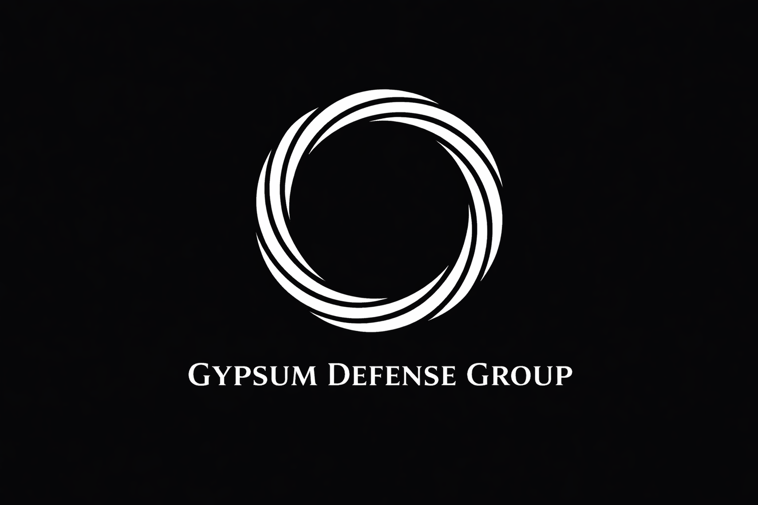 Black background with a white circular logo made of multiple concentric streaks. Below the logo, the text reads 'Gypsum Defense Group' in white capital letters.