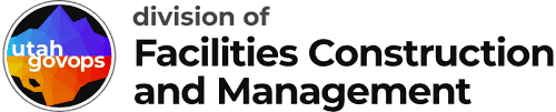Logo of Utah Division of Facilities Construction and Management, with a circular design featuring a mountain, flag, and construction elements.