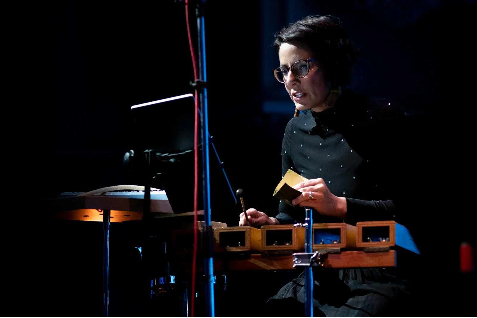 Performer behind arrayed percussion instruments