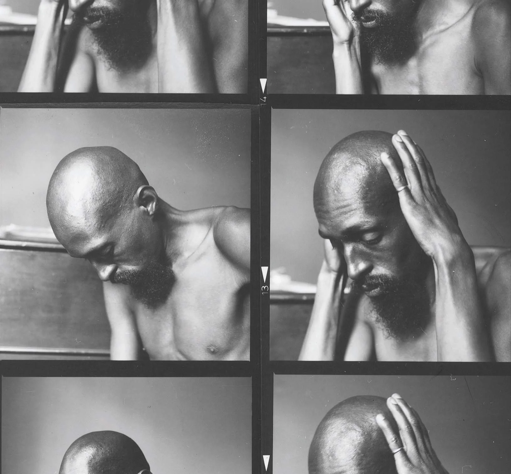 Bald shirtless man on film strip repeated