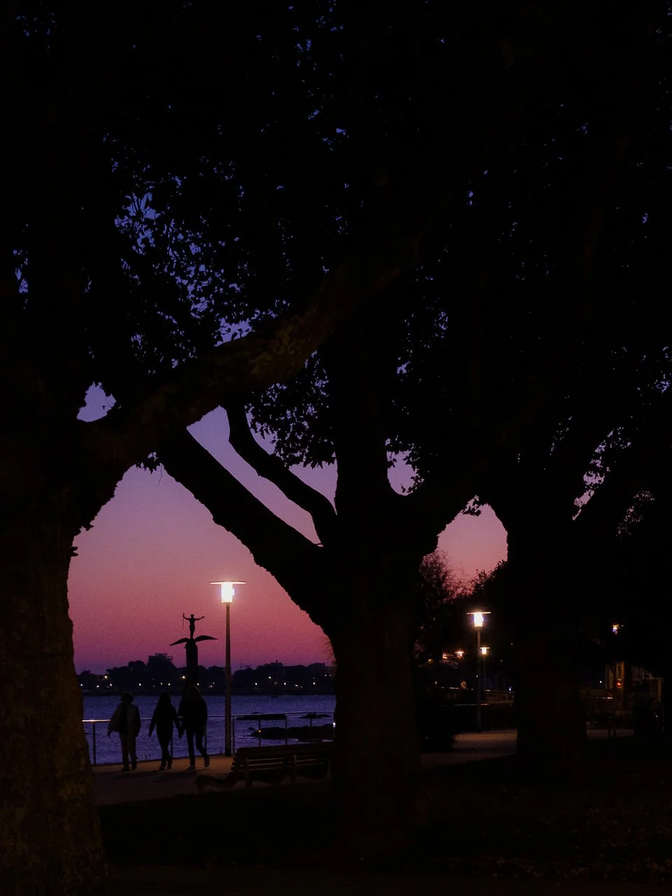 Silhouette d'arbres et de quelques personnes sur le remblai de saint-nazaire au crépuscule, avec des lampadaires allumés