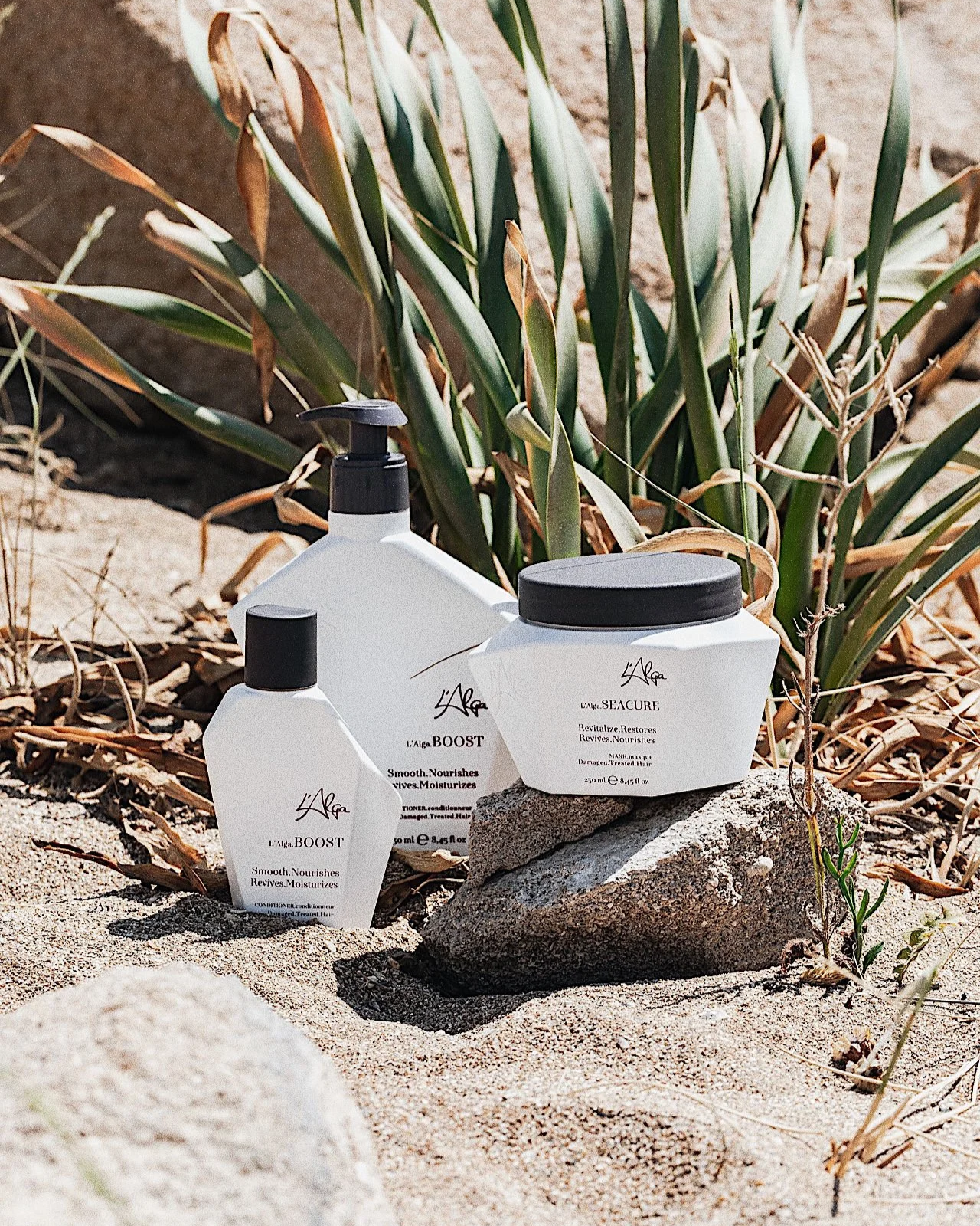 Three skincare product bottles arranged on a rock and sandy terrain with green plants in the background.