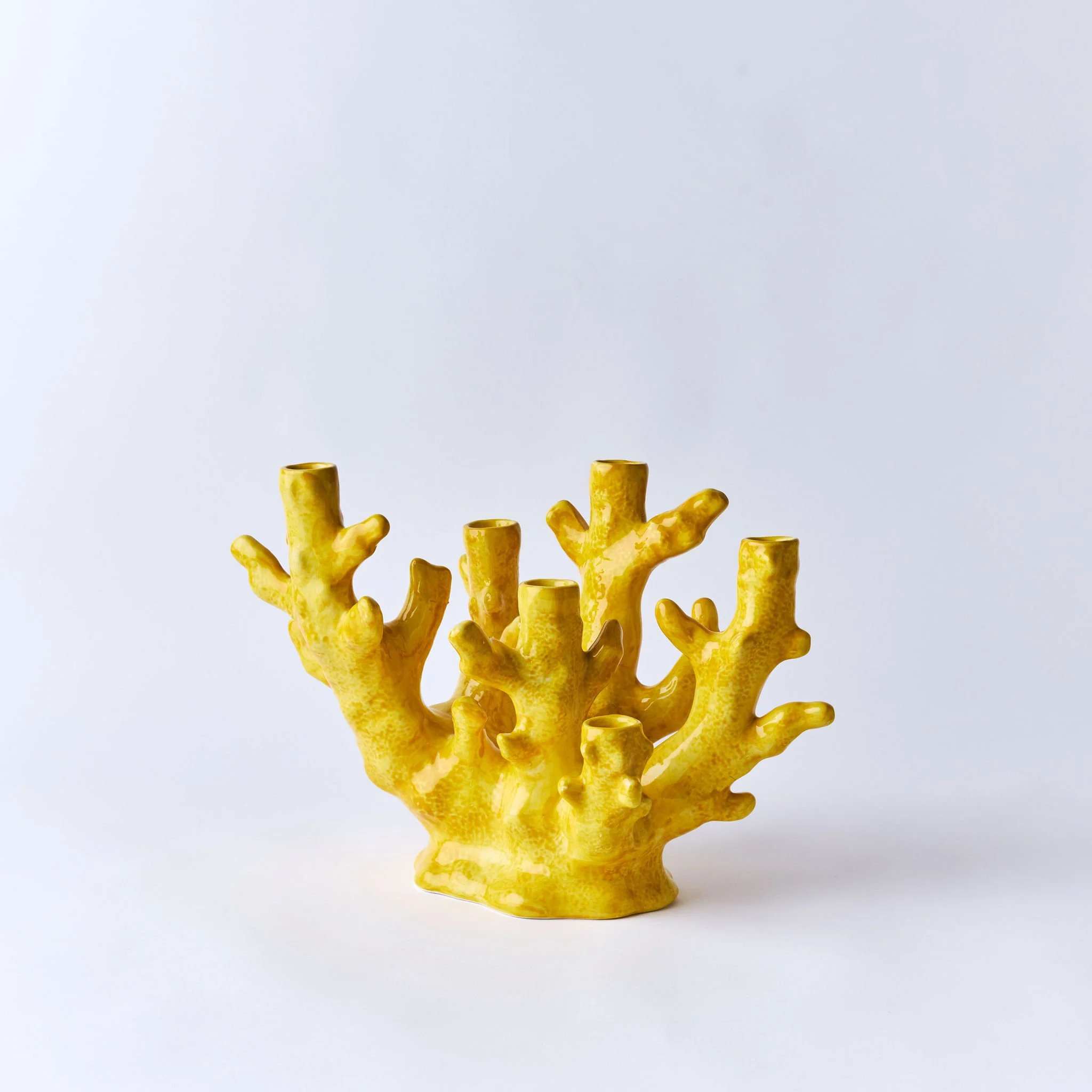 Yellow ceramic coral sculpture on white background