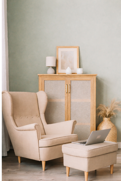 An armchair with an attached ottoman, a laptop on the ottoman, a wooden cabinet in the background with a table lamp, framed artwork, and decorative vases on top, and a woven basket with dried plants to the right.